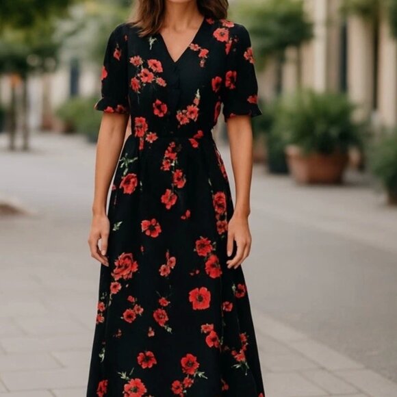 EXPRESS NWT Red Poppy Floral Smocked Waist Black Maxi Dress size small - Picture 1 of 8